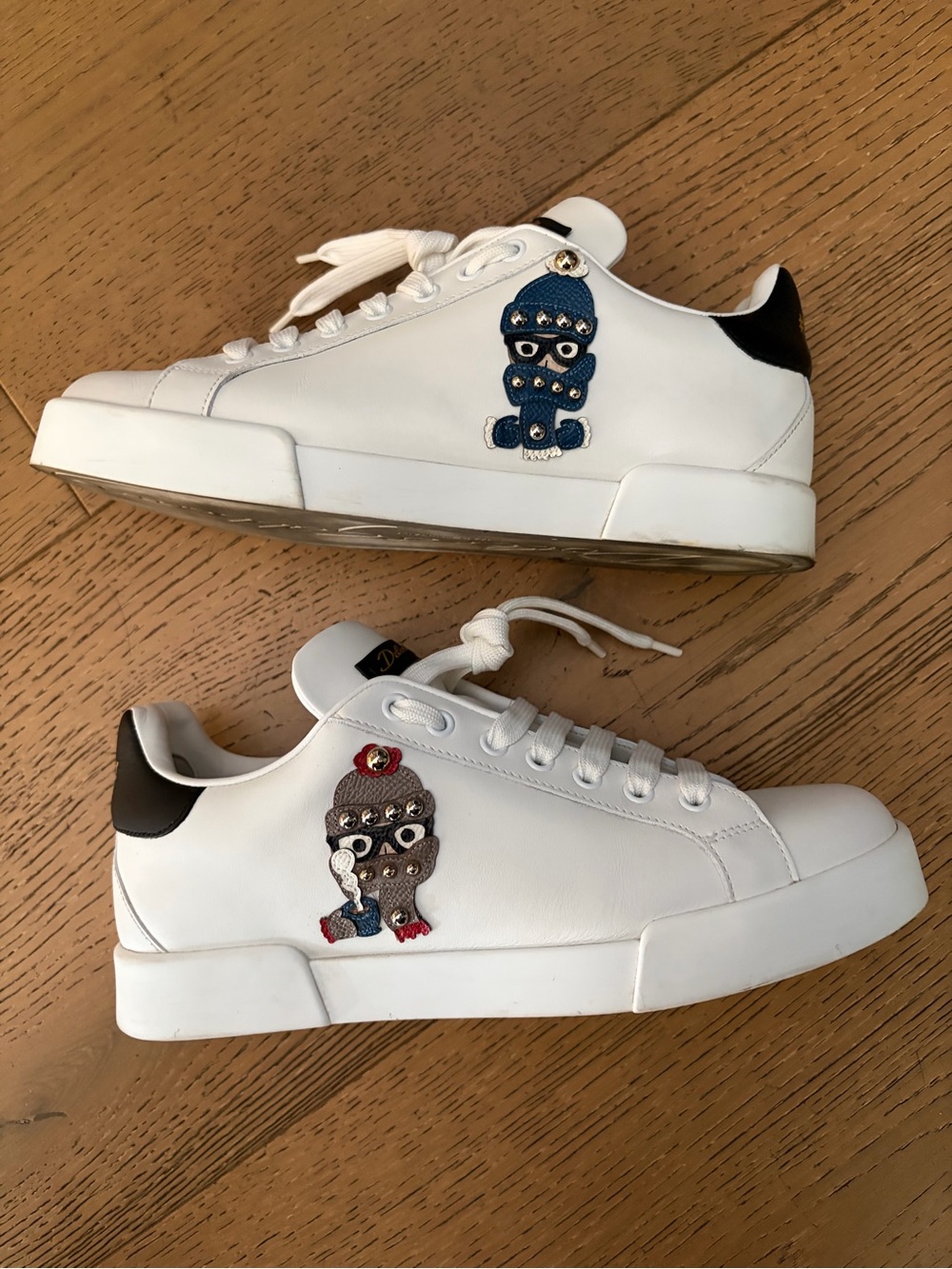 Portofino White Sneakers with Black Heel and Embroidered Character Accent